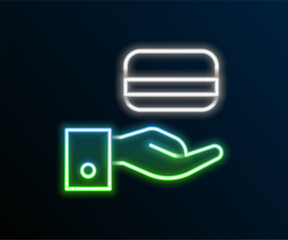 Poster - Glowing neon line Digital door lock with wireless technology for unlock icon isolated on black background. Door handle sign. Security smart home. Colorful outline concept. Vector