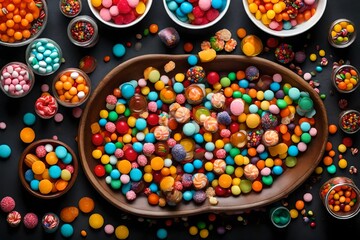 Sticker - different colored round candy in bowl and jars. Top view of large variety sweets and candies with copy space