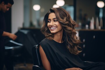 Stylish Makeover: Indian Model in Hairdresser Salon, Chatting with Stylist, Changing Haircut and Colo generative ai