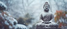 Snow Falls On A Winter Statue Of Buddha In The Forest Copy Space Image Place For Adding Text Or Design