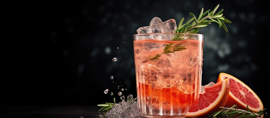 Poster - Refreshing grapefruit and rosemary cocktail with ice Greyhound cocktail close up citrus soft drink Copy space image Place for adding text or design