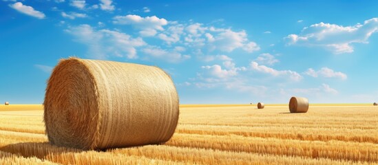 Wall Mural - Rural countryside landscape with golden wheat harvest straw bales and agricultural field Copy space image Place for adding text or design