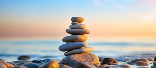 Pebbles pyramid at sunset on the beach with blue sea in the background evoking a sense of calm and harmony Copy space image Place for adding text or design