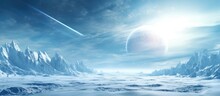 Sci Fi Background Featuring A 3D Illustrated Ice Planet Copy Space Image Place For Adding Text Or Design