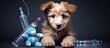 Reminder to vaccinate against rabies plague hepatitis parainfluenza coronavirus leptospirosis and adenovirus Syringe ampoules soft dog toy and treats Copy space image Place for adding text or d