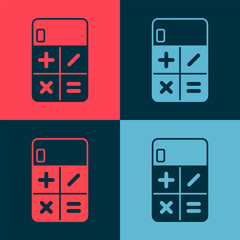 Poster - Pop art Calculator icon isolated on color background. Accounting symbol. Business calculations mathematics education and finance. Vector