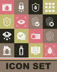 Poster - Set System bug, Fingerprint, Cancelled fingerprint, Eye scan, Shield with WiFi wireless, and icon. Vector