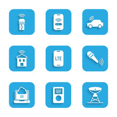 Poster - Set LTE network, Music player, Satellite dish, Wireless microphone, Network cloud connection, Smart home with wi-fi, car system and Usb wireless adapter icon. Vector