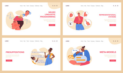 Neuro-linguistic programming set. Sensory perception, foundational assumptions, language structures. Exploring mental strategies. Communication models, personal growth. Flat vector illustration