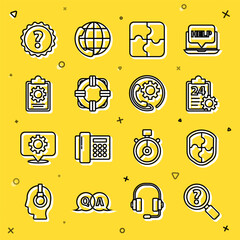 Poster - Set line Unknown search, Shield, Checklist with 24 hours service, Piece of puzzle, Lifebuoy, Question mark and Telephone support icon. Vector