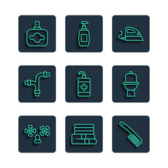 Sticker - Set line Water tap, Towel stack, Hairbrush, Electric iron, Hand sanitizer bottle, Industry metallic pipe, Perfume and Toilet bowl icon. Vector