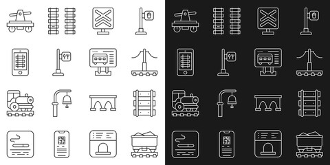 Poster - Set line Coal train wagon, Railway, railroad track, Railroad crossing, Cafe and restaurant location, Buy ticket online, Draisine or handcar and Ticket office to buy tickets icon. Vector