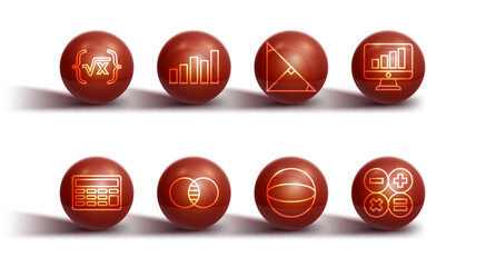 Poster - Set line Square root of x glyph, Calculator, Computer monitor with graph chart, Geometric figure Sphere, Mathematics sets A and B, Graph, schedule, diagram, and Angle bisector triangle icon. Vector