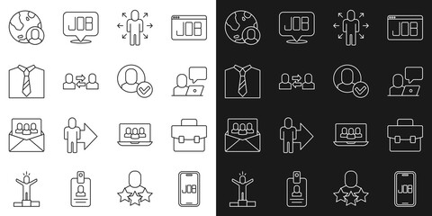 Poster - Set line Search job, Briefcase, Freelancer, Multitasking manager working, Exchange, Tie, Globe and people and Worker icon. Vector