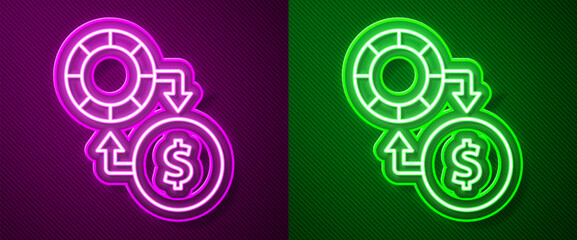 Wall Mural - Glowing neon line Casino chips exchange on stacks of dollars icon isolated on purple and green background. Vector