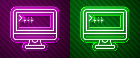 Poster - Glowing neon line Computer monitor screen icon isolated on purple and green background. Electronic device. Front view. Vector
