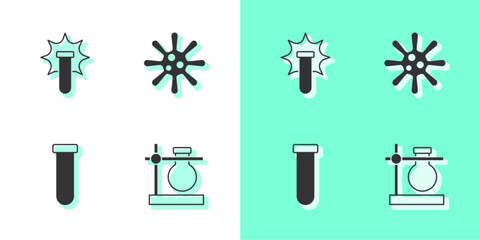 Sticker - Set Test tube flask on stand, Chemical explosion, and Bacteria icon. Vector