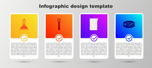 Sticker - Set Alcohol or spirit burner, Test tube and flask, Laboratory glassware beaker and Petri dish with bacteria. Business infographic template. Vector