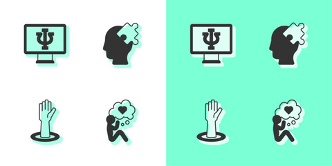 Wall Mural - Set Head with heart, Psychologist online, Helping hand and Solution to the problem icon. Vector