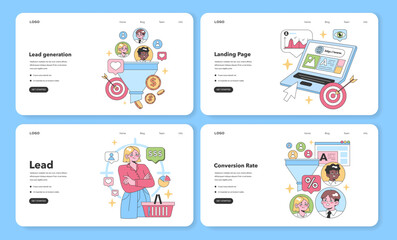 Poster - Digital Marketing set. Expert strategies for business growth. Lead generation, Landing Page creation, Salesperson prowess, and Conversion Rate optimization. Flat vector illustration