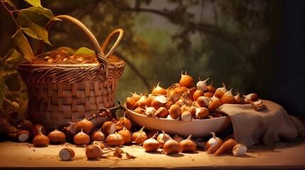 Wall Mural - Still life with hazelnuts and basket of hazelnuts on wooden table