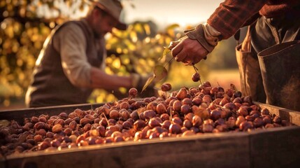 Canvas Print - Farmers harvested hazelnuts on the farm in autumn, harvest time