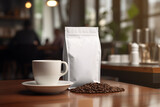 Fototapeta  - Resealable coffee bag mockup with a cup of coffee in a cozy café or restaurant