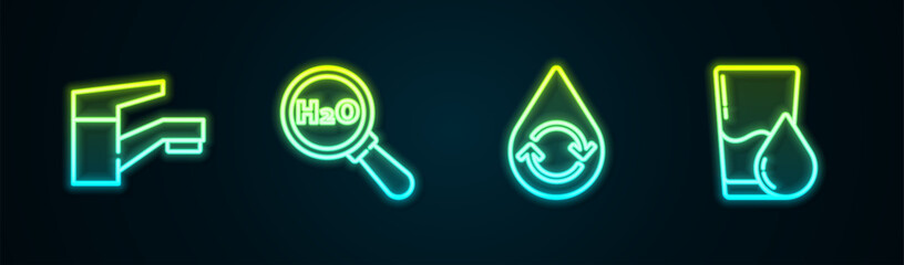 Poster - Set line Water tap, Chemical formula for H2O, Recycle clean aqua and Glass with water. Glowing neon icon. Vector