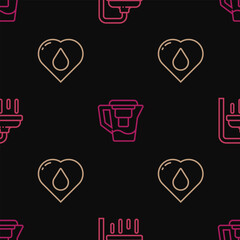 Sticker - Set line Shower head, Heart with water drop and Water jug filter on seamless pattern. Vector