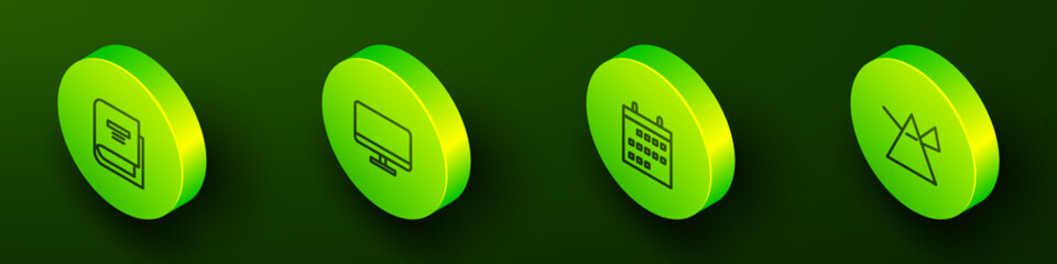 Poster - set isometric line book, computer monitor screen, calendar and light rays in prism icon. vector