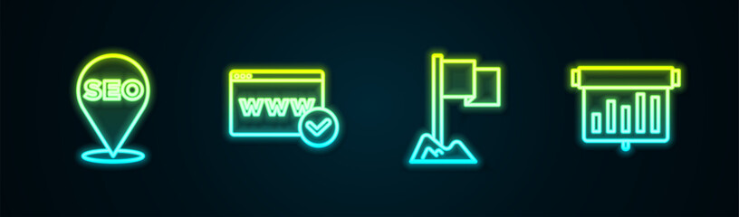 Poster - Set line SEO optimization, Website template, Location marker and Board with graph chart. Glowing neon icon. Vector
