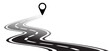 Winding road. Curved road with white markings. Road with gps pins or pointer pin. Curve way or asphalt highway or city street. Winding route template. Flat parts road wavy. Path wave.
