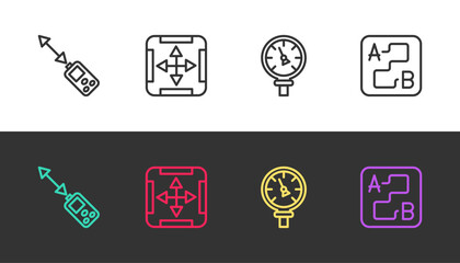 Sticker - Set line Laser distance measurer, Area measurement, Pressure water meter and Route location on black and white. Vector