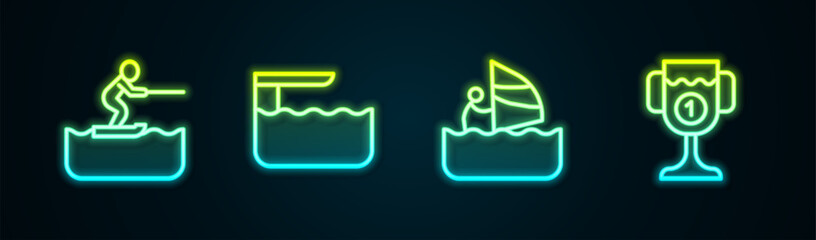 Wall Mural - Set line Water skiing man, Diving board or springboard, Windsurfing and Award cup. Glowing neon icon. Vector