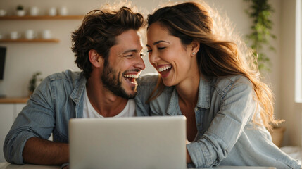 Young multiracial couple laughing looking at laptop sitting in beautiful bright space, happy diverse husband and wife using online services on internet, technology lifestyle concept, space for text