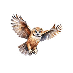 Watercolour paintings of a barn owl isolated on white background as transparent PNG, hand dawn animal clipart 300 DPI