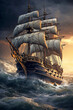 Historisches Segelschiff mit gesetzten Segeln im Sturm. Piratenschiff