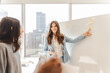 © Maria Vitkovska - Smiling businesswoman wearing formal suit pointing board with sticky notes while planning project