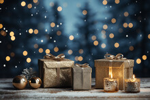 Beautiful Christmas Tree With Gift Box Sparkling Light Background