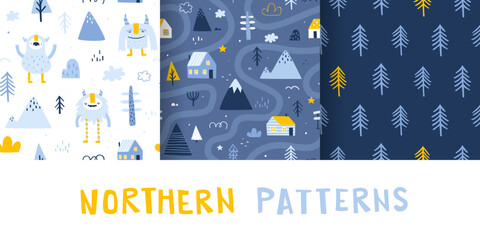 Wall Mural - set of scandinavian winter pattern with cute yeti. seamless nordic vector print collection for kids 