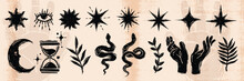 Linocut Celestial Icon Set, Vector Boho Lino Esoteric Star, Engraving Magic Vintage Element Kit. Cosmic Mystical Grunge Texture Stamp, Moon Silhouette Print Hands Snake, Leaf. Linocut Celestial Object
