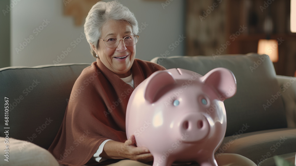 Smiling old woman sitting on couch with huge piggy bank in her lap ...