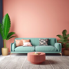 Wall Mural - A bright living room, bright pink walls and a blue couch.