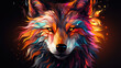 Abstrakcyjny kolorowy obraz przedstawiający twarz wilka. 