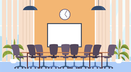 Conference room for business meetings, presentation or training. Empty office. Workplace with table and armchairs. Comfortable team communication area. Flat isolated vector concept