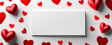 Empty blank paper on white background with 3d and paper made red valentine hearts. Banner with copy space for Valentine's day card design. Above view.