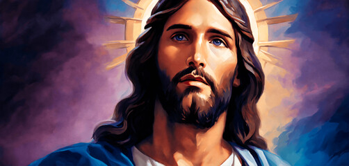 Wall Mural - Potrait of Jesus Christ with divine halo on blue and purple background in oil painting style. Christian artwork.