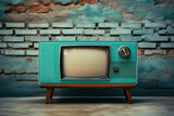 Fototapeta  - stary telewizor z kineskopem ii szklanym ekranem na starej szawce przed starą ścianą z cegły i z obdartym tynkiem z prl u prlu prl-u