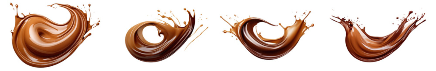 set of liquid brown chocolate splashes isolated on white or trasnparent png