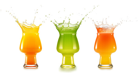 Wall Mural - Set of glasses full of overflowing colorful fruit juice. Splashing healthy  beverages isolated on white background.